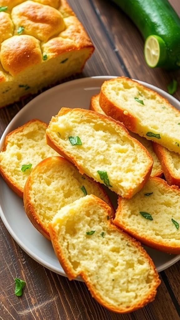 Slices of zucchini cloud bread on a plate, golden brown and fluffy, with herbs in the background.